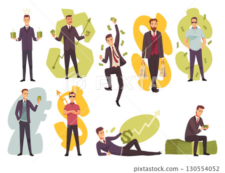 Rich people flat cartoon comic elements set, millionaire man money vector illustration Rich people flat cartoon comic elements set, millionaire man money vector illustration 130554052
