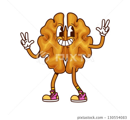 Cartoon groovy walnut nut character is smiling and flashing peace gestures, showcasing healthy and energetic y2k vibes. Isolated vector lively seed or kernel personage posing with gloves and sneakers 130554083