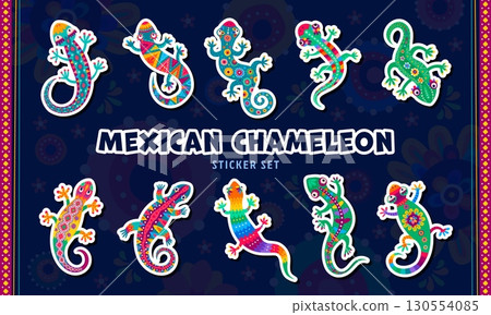 Cartoon Mexican chameleons stickers pack. Vibrant vector set of patches featuring colorful lizards or reptiles decorated with traditional folk art patterns and intricate floral or geometric motifs 130554085