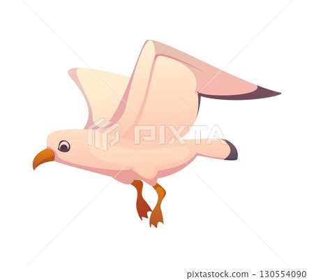 Cartoon seagull bird with white feathers, gray wing tips and orange beak soars in mid flight, creating sense of freedom and movement. Isolated vector avian gull personage for pirate island game 130554090
