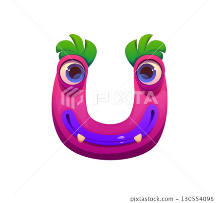 Bizarre monster character cartoon font letter U. Strange bugaboo creature English alphabet symbol, bizarre scarecrow cartoon vector kids ABC type letter. Crazy fantasy monster character font sign 130554098