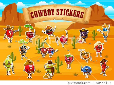 Stickers of cartoon berry cowboys and sheriff, rangers and bandits characters in a desert, featuring cacti and parchment banner. Vector western fun and playful adhesive patches for decor or diy crafts 130554102