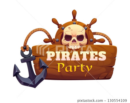 Cartoon Caribbean pirates and corsairs game banner for party, vector heraldry. Jolly Roger skeleton skull with ship anchor and sailboat helm steering wheel for pirate and corsair adventure game icon Cartoon Caribbean pirates and corsairs game banner for party, vector heraldry. Jolly Roger skeleton skull with ship anchor and sailboat helm steering wheel for pirate and corsair adventure game icon 130554109