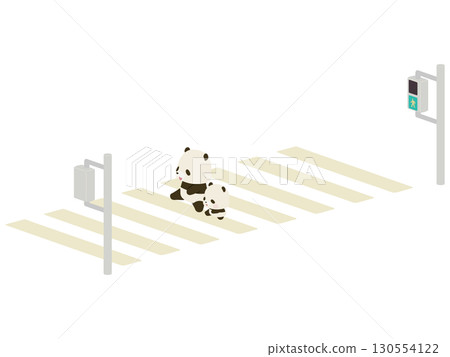 Smiling panda parent and child crossing the crosswalk 130554122