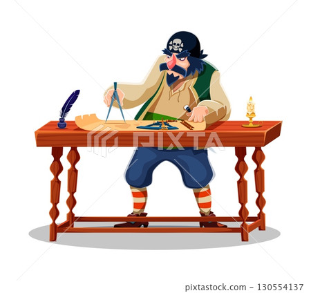 Cartoon pirate navigator corsair ship crew character with a skull bandana plans a nautical treasure voyage, charts a course using a compass and map on a wooden table surrounded by navigation tools Cartoon pirate navigator corsair ship crew character with a skull bandana plans a nautical treasure voyage, charts a course using a compass and map on a wooden table surrounded by navigation tools 130554137