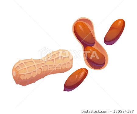 Cartoon whole and shelled peanuts, showing textured shells and shiny brown nuts, cooking process. Isolated vector snack, nutrition, food cook or baking scene with healthy natural seed ingredients Cartoon whole and shelled peanuts, showing textured shells and shiny brown nuts, cooking process. Isolated vector snack, nutrition, food cook or baking scene with healthy natural seed ingredients 130554157