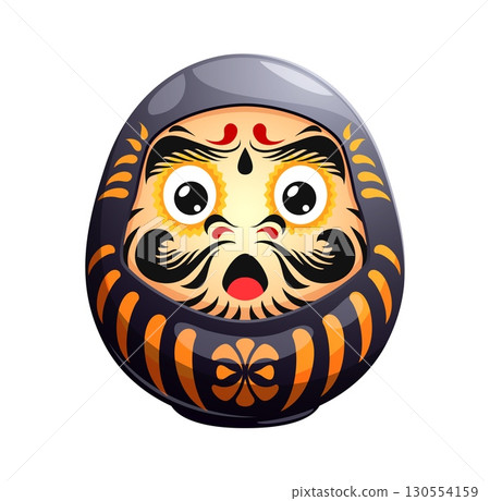 Cartoon funny black Japanese Daruma doll with surprised expression, wide eyes and open mouth. Vector character with traditional mustache and eyebrows. Asian cultural symbol with comic emotional face 130554159