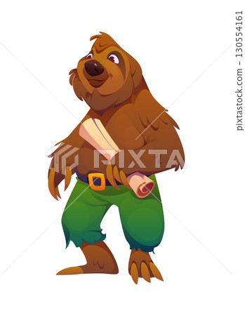 Cartoon funny sloth pirate animal character. Isolated vector lazy corsair wears green rugged pants and belt, stands confidently with a parchment scroll in its paw, ready for treasure hunt adventure 130554161