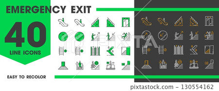 Stairs, escalator and elevator emergency exit line icons vector set showing evacuation directions, ladders and accessible options symbols for signage, ui or ux, safety guides, architectural blueprints 130554162