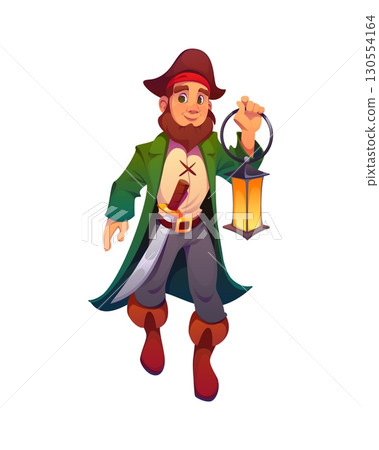 Cartoon medieval pirate and corsair character holds glowing lantern with friendly expression. Vector captain, sailor, skipper or boatswain dressed in classic pirate attire with a hat, sword and boots 130554164