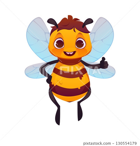 Cartoon honey bee character with thumbs up gesture and joyful happy expression featuring bright yellow and black stripes and translucent wings. Vector cheerful cute honeybee, animal insect personage Cartoon honey bee character with thumbs up gesture and joyful happy expression featuring bright yellow and black stripes and translucent wings. Vector cheerful cute honeybee, animal insect personage 130554179