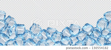 Ice crystal cube blocks frame background. Realistic isolated 3d vector template of horizontal bottom border with blue transparent frozen icy pieces for beverage ads and refreshing product presentation 130554182
