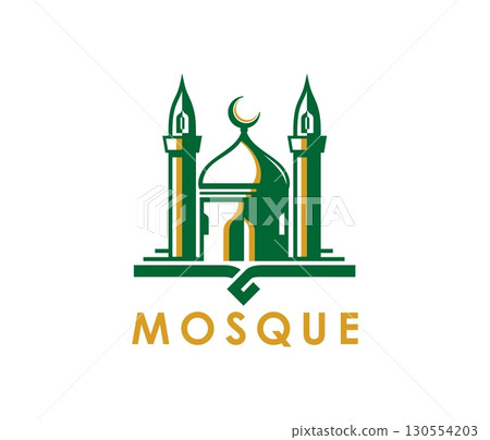 Ramadan Muslim mosque icon featuring green and gold mosque building with minarets and crescent on top, symbolizing Islamic culture and spirituality. Vector emblem for religious festivities or branding 130554203