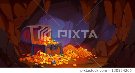 Pirate treasure cave with wooden chest, golden coins and crystal gems spilling from an open trunk, surrounded by jagged rocks. Cartoon vector game scene background evokes adventure and hidden riches 130554205