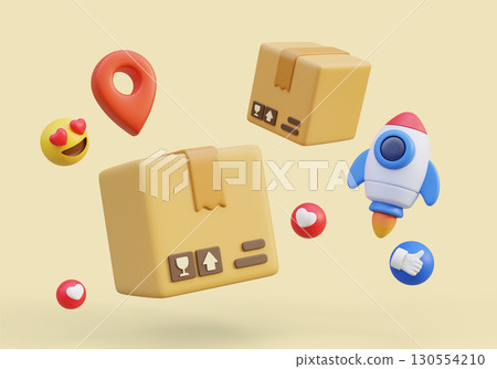 cartoon style Package Box with rocket 3D graphic cartoon style Package Box with rocket 3D graphic 130554210