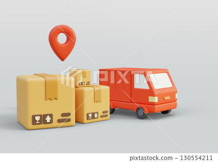 cartoon style Package Box with delivery truck 3D graphic cartoon style Package Box with delivery truck 3D graphic 130554211
