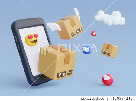 cartoon style Package Box with smartphone 3D graphic 130554212