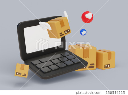 cartoon style Package Box with laptop 3D graphic 130554215