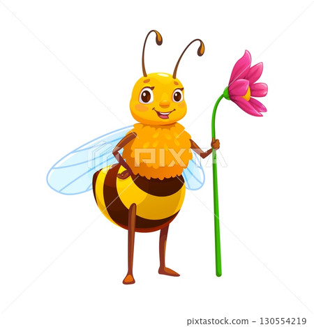 Cartoon honey bee character standing with pink flower in hand. Cheerful yellow honeybee insect personage with antennas and smiling face. Vector apiary mascot for beekeeping farm or garden pollination 130554219