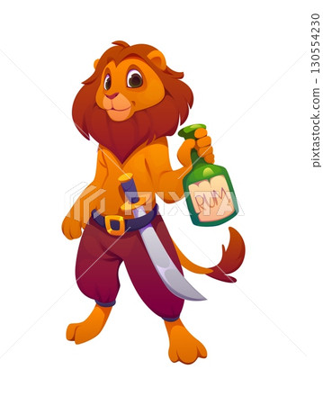 Cartoon funny African lion pirate animal character holding rum bottle. Isolated vector playful corsair personage with trusting sword on belt, ready for swashbuckling adventures on the high seas 130554230