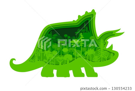 Triceratops dinosaur silhouette with prehistoric era jungle forest landscape. Vector 3d jurassic dinosaur animal frame with paper cut green plants, ancient pine and palm trees nature background Triceratops dinosaur silhouette with prehistoric era jungle forest landscape. Vector 3d jurassic dinosaur animal frame with paper cut green plants, ancient pine and palm trees nature background 130554233