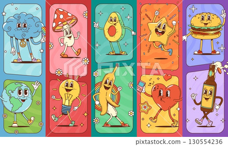 Groovy characters collage. Playful cartoon vector cloud, amanita mushroom, avocado, banana, earth, heart, burger, bottle, and star with expressive faces and dynamic poses in colorful retro backgrounds 130554236
