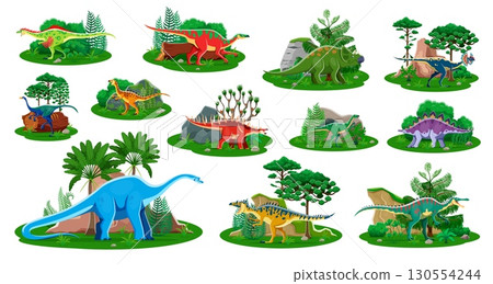 Cartoon dinosaur characters and prehistoric nature landscape, vector jurassic dino animals. Cute neovenator, avaceratops, raptor and anatotitan, kentrosaurus and suchomimus dinosaurs, palms and rocks 130554244