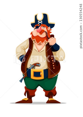 Cartoon pirate and corsair skipper ship crew character in traditional buccaneer attire with a pistol tucked in his belt, confidently puffs on a curling smoking pipe. Isolated vector nautical personage 130554248