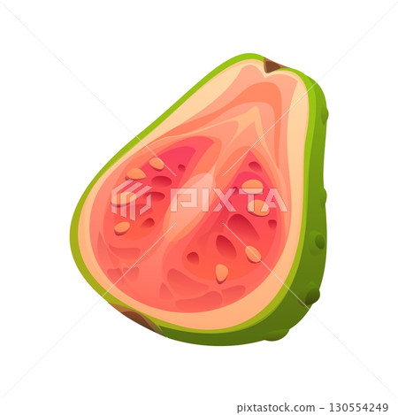 Cartoon tropical ripe raw halved guava fruit with light green skin and pink juicy pulp filled with small edible seeds. Isolated vector fresh sweet and aromatic exotic plant rich in vitamin C and fiber 130554249