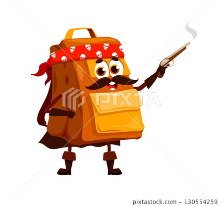 Cartoon school bag education stationery pirate or corsair crew character with a gun. Isolated vector playful backpack sailor personage ready to accompany young adventurers on their educational journey 130554259