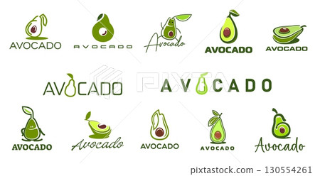 Farm avocado, juice and oil icons with fresh green fruit halves, leaves and seeds. Vector vegetable food products, healthy avocado oil, juice and vegetarian meal ingredient isolated symbols Farm avocado, juice and oil icons with fresh green fruit halves, leaves and seeds. Vector vegetable food products, healthy avocado oil, juice and vegetarian meal ingredient isolated symbols 130554261