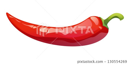 Cartoon raw ripe chili pepper. Isolated vector whole, vibrant, red chilly pod, jalapeno or guindilla vegetable with spicy flavor. Mexican cuisine ingredient, Cayenne hot pepper with curve slender form Cartoon raw ripe chili pepper. Isolated vector whole, vibrant, red chilly pod, jalapeno or guindilla vegetable with spicy flavor. Mexican cuisine ingredient, Cayenne hot pepper with curve slender form 130554269