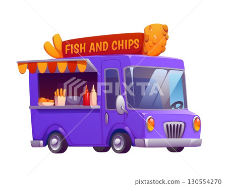 Fish and chip street food truck, vintage festival foodtruck car, festival van. Cartoon vector purple retro mobile with canopy, service window, sauce bottles, takeaway box, outdoor vending booth Fish and chip street food truck, vintage festival foodtruck car, festival van. Cartoon vector purple retro mobile with canopy, service window, sauce bottles, takeaway box, outdoor vending booth 130554270