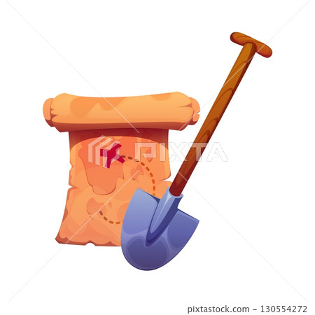 Cartoon pirate treasure map with a red x mark, accompanied by a sturdy shovel. Pirate adventure icon symbolizes treasure hunt, and hidden riches exploration. Cartoon vector parchment, cross and spade Cartoon pirate treasure map with a red x mark, accompanied by a sturdy shovel. Pirate adventure icon symbolizes treasure hunt, and hidden riches exploration. Cartoon vector parchment, cross and spade 130554272