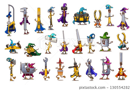 Halloween groovy construction tools characters in costumes. Cartoon vector funny smiling hacksaw, caliper, spirit level and hammer. Mallet, toolbox, pliers and file, wrench, ruler and measuring tape 130554282