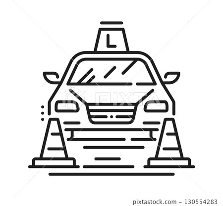 Driving school icon of vehicle drive training and test practice, vector pictogram. Driving school line icon of car and traffic cones for driver education and vehicle test examination on road Driving school icon of vehicle drive training and test practice, vector pictogram. Driving school line icon of car and traffic cones for driver education and vehicle test examination on road 130554283