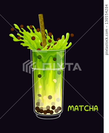Milk bubble tea drink with cartoon splash of bright boba pearls, vector tapioca beverage cup glass. Matcha flavor milk bubble tea or juice smoothie sweet dessert cup with drinking straw for bar menu 130554284