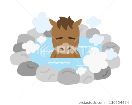 Illustration of a horse character bathing in an open-air hot spring | Year of the Horse material 130554434