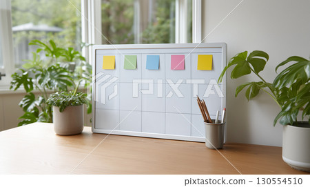 Organized home office desk with whiteboard planner and sticky notes 130554510