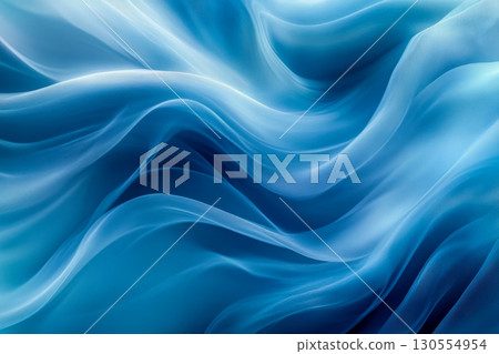 Delicate blue sheer fabric gently flowing, creating elegant soft wavy abstract patterns. Translucent textile background with smooth graceful movement. 130554954