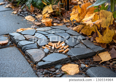 Pile of discarded cigarette butts on dark stone tiles next to wet asphalt pavement and vibrant yellow autumn leaves on the ground outdoors. 130554964