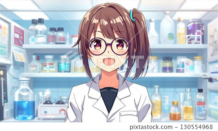 動漫風格的插圖,一個可愛的科學女孩在實驗室裡微笑 動漫風格的插圖,一個可愛的科學女孩在實驗室裡微笑 130554968