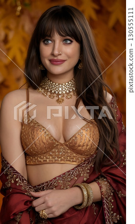 Woman in Ornate Gold Embellished Outfit with Intricate Pearl and Crystal Choker Necklace 130555111