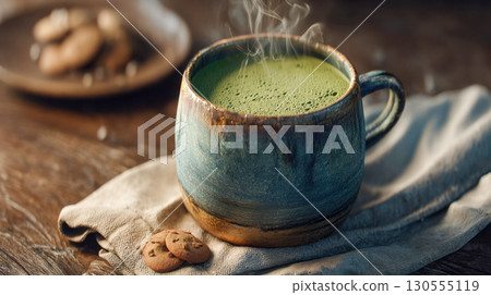 Rustic ceramic mug for hot matcha latte with cookies, traditional japanese tea ceremony at home 130555119