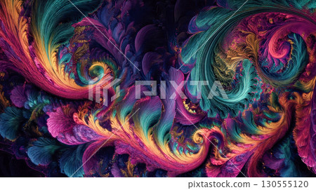 Psychedelic fractal waves with vibrant swirling colors, abstract digital art design 130555120