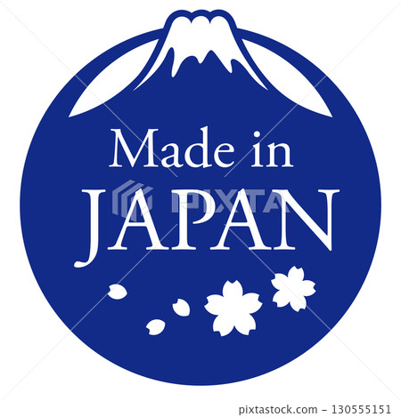 Vector illustration of a Made in Japan mark featuring cherry blossoms and Mt. Fuji Vector illustration of a Made in Japan mark featuring cherry blossoms and Mt. Fuji 130555151