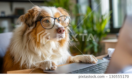 A smart dog wearing glasses types on a laptop in a home office. 130555170
