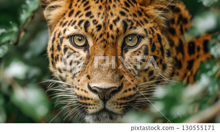 Close-up face of leopard with golden eyes, wild feline predator living in jungle 130555171