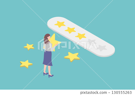Illustration material of a woman giving reviews, word of mouth, and ratings (vector, isometric style) 130555263
