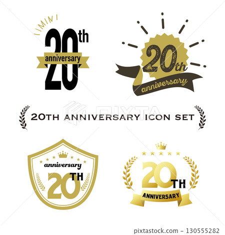20th anniversary icon set with ribbon and decorative frame. 20th anniversary icon set with ribbon and decorative frame. 130555282